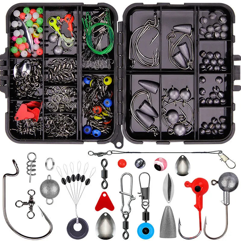 257-piece fishing lure accessories set in organised orange storage box with Texas rig, sea fishing, and rock fishing tackle