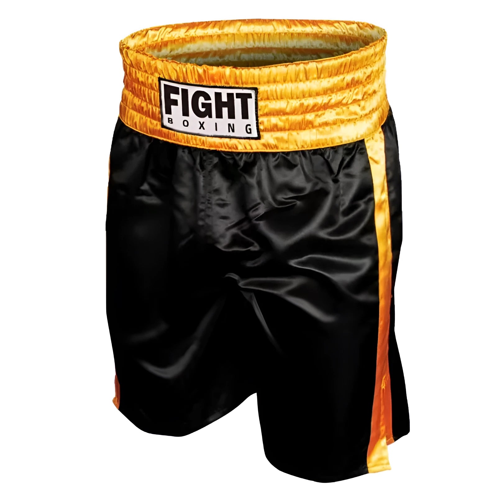 Boxing shorts for kickboxing in black and gold colour combination on a size chart.