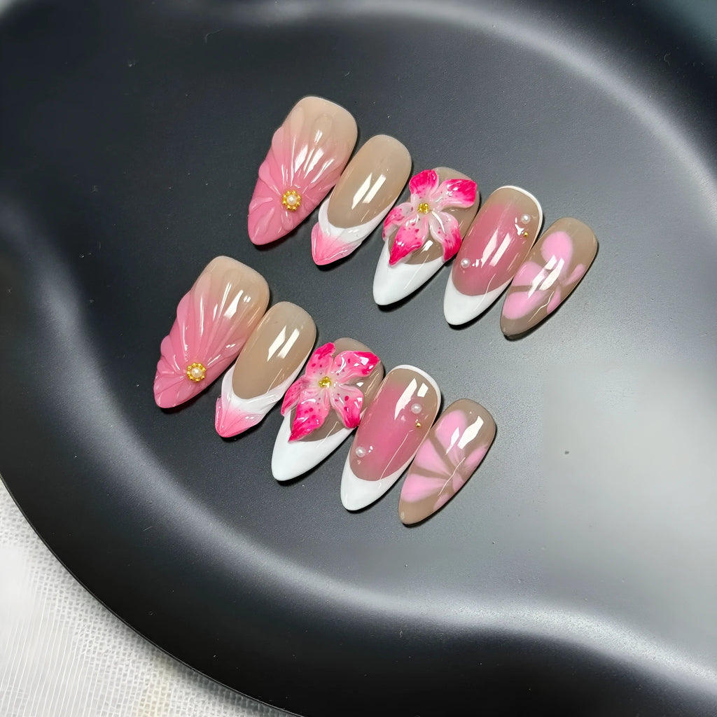 French style 3D lily ice flower design on almond-shaped plastic false nails.