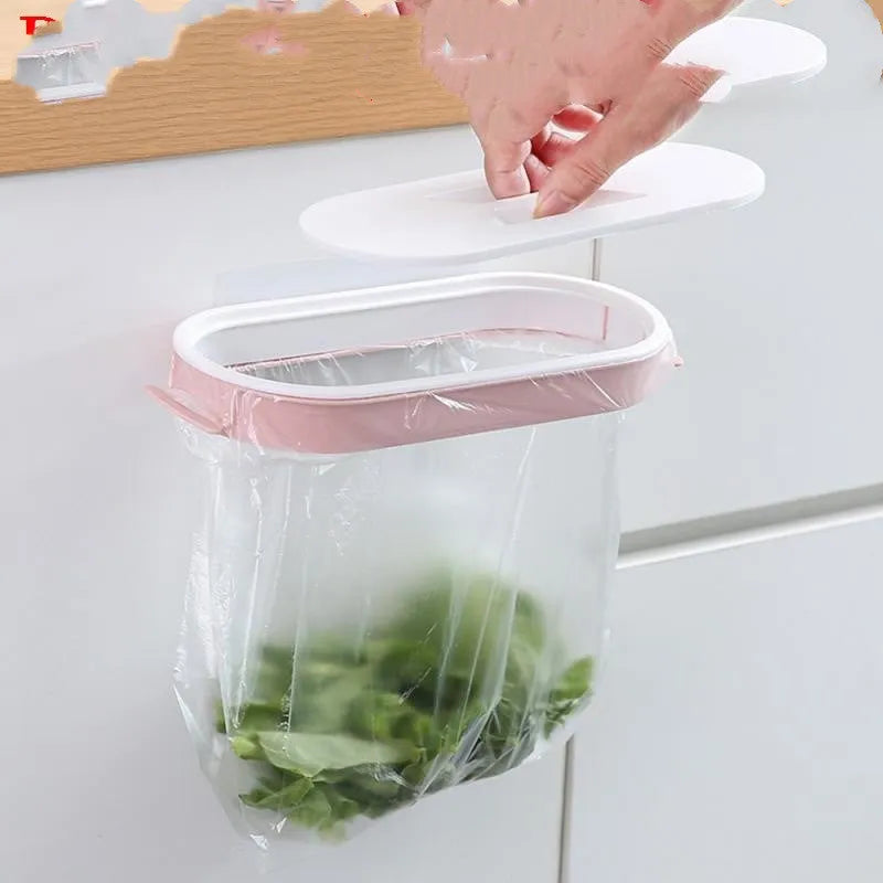 Blue or pink plastic kitchen garbage bag storage rack for cabinet organisation