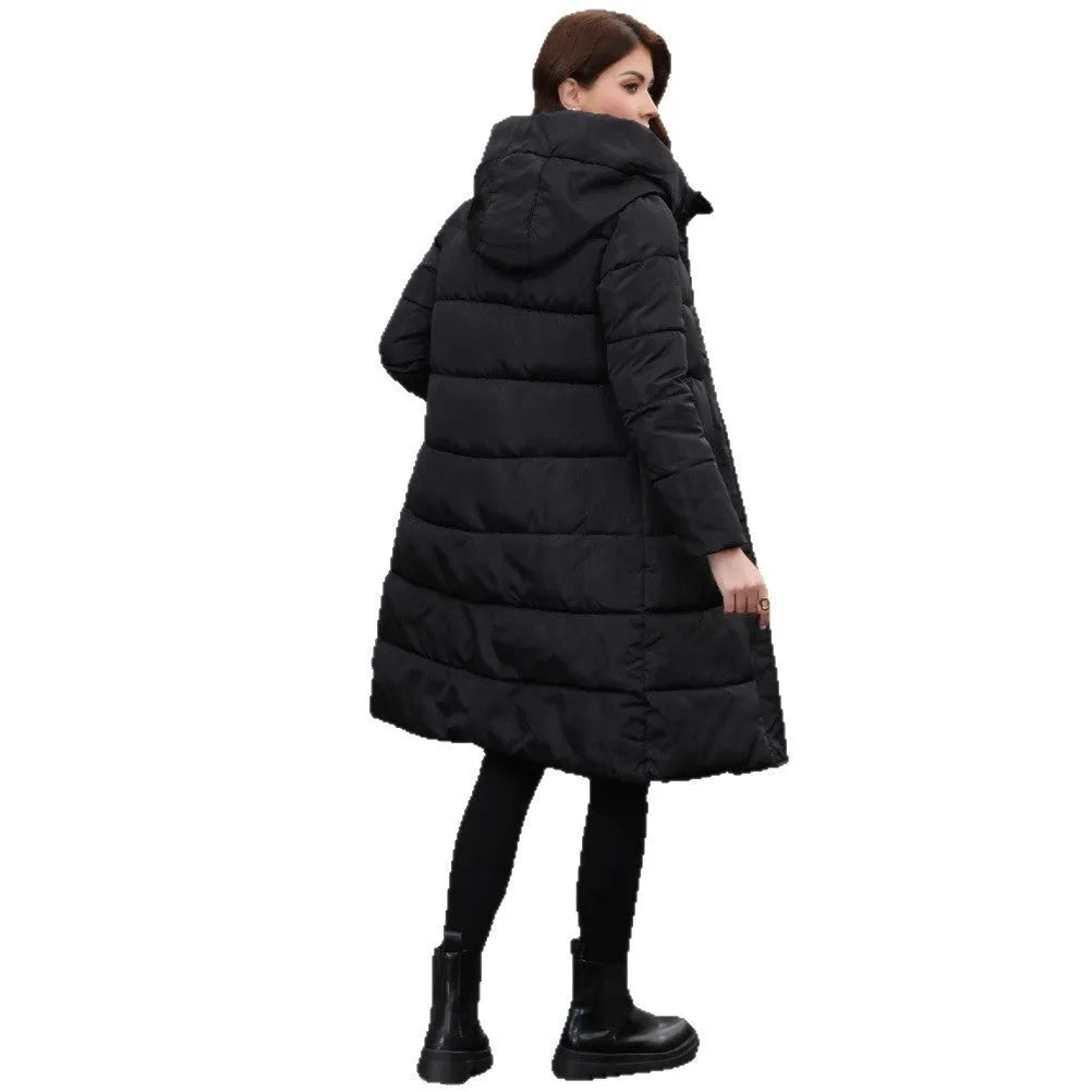 Black slim fit hooded long cotton jacket with cold-resistant construction and regular sleeves
