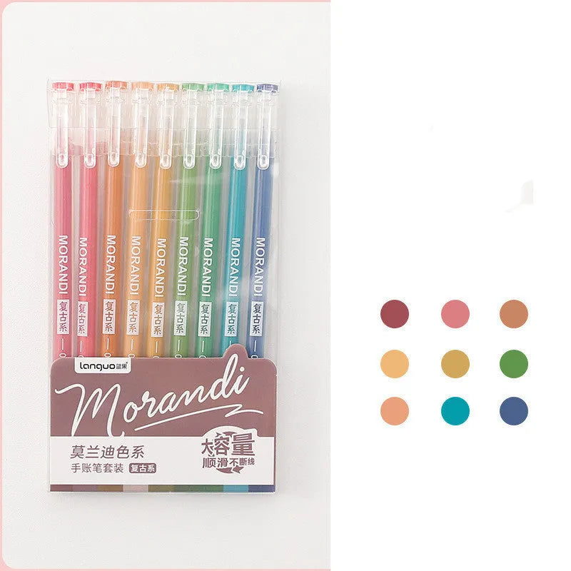 Set of nine retro-inspired gel pens with 0.5mm needle tips in a cute Japanese colour style