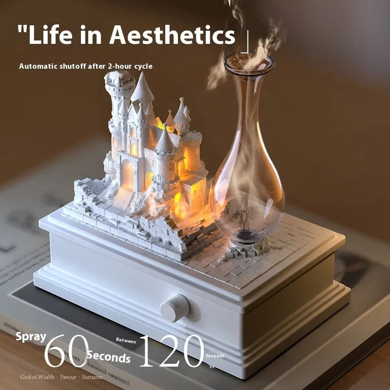 White medieval castle waterless aromatherapy machine ornament with cold fragrance analyser and ambient light