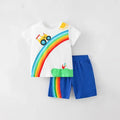 Cotton Rainbow Short Sleeve Summer Baby Boys Suit Two-Piece Set European and American Style Ivory White 2T to 7T for Toddler Kids Blouse and Shorts