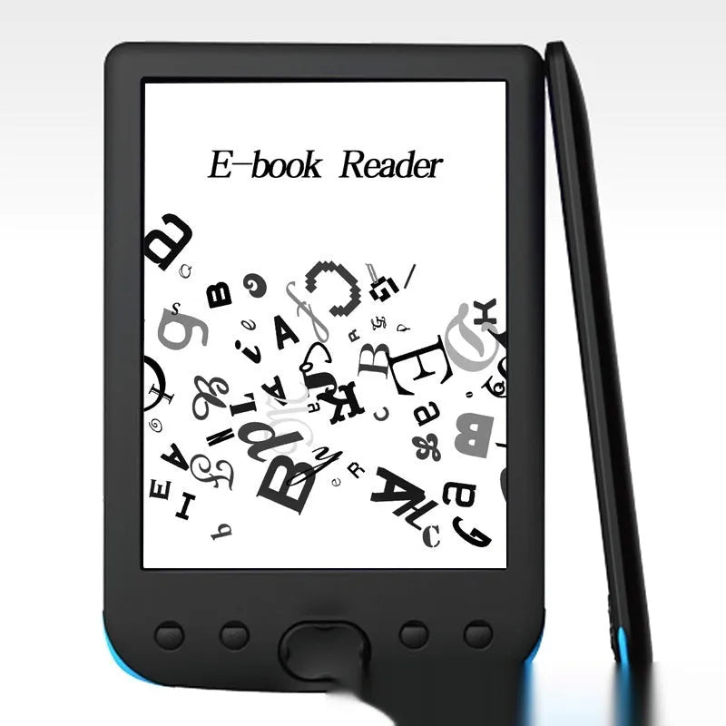 Black 6-inch e-ink screen e-book reader showing its front display and portable design.