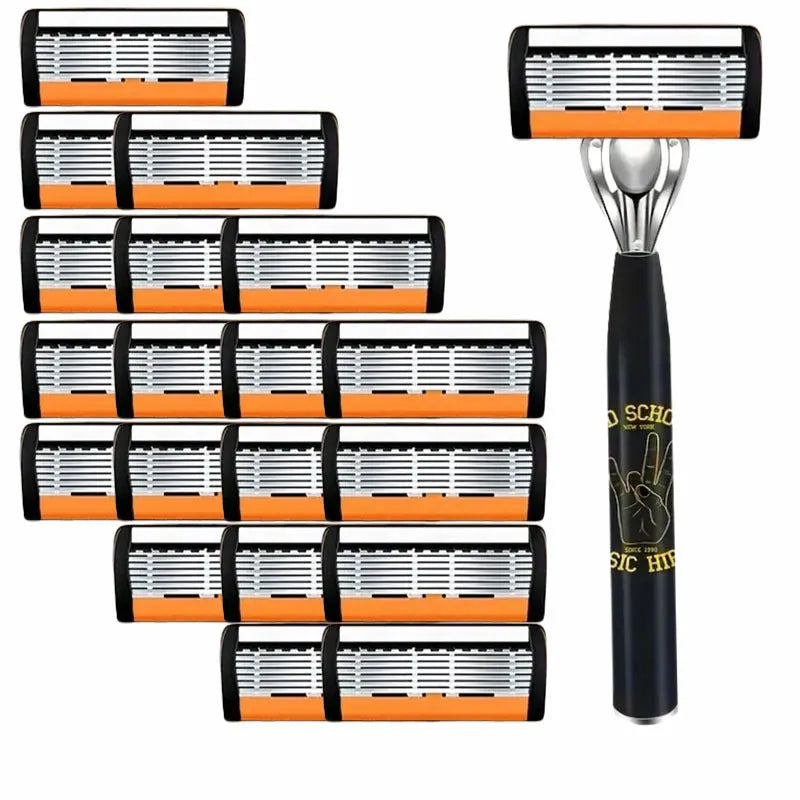 Black six-layer finger grip manual shaver handle with a set of metal cutting blades.