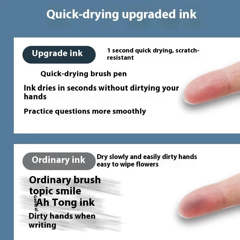 A 10-bag pack of quick-drying push bullet pen refills in black, blue, ink blue, and red colours.