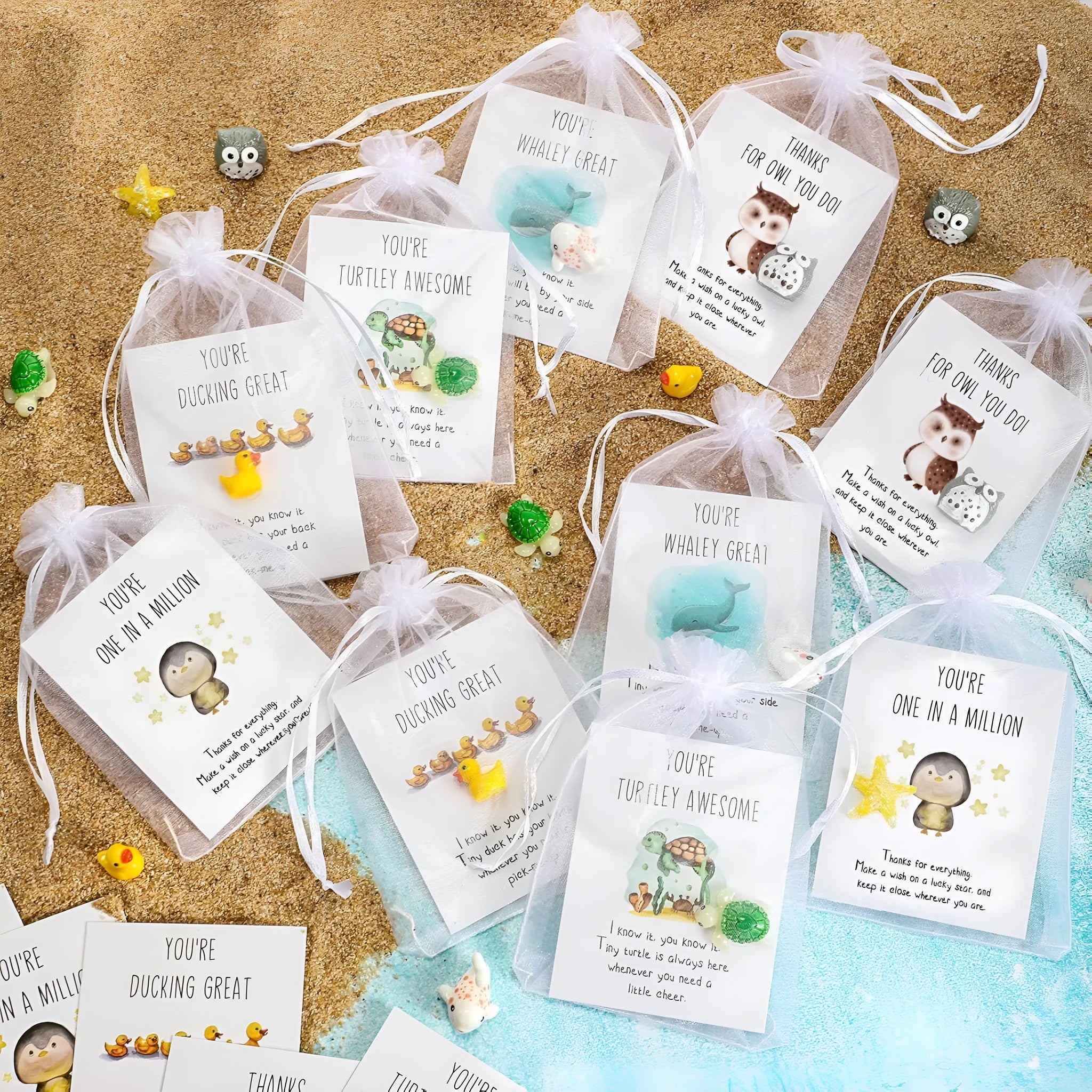 Set of resin memo cards with printed pun messages, showing different pack size options from 5 to 100 pieces.