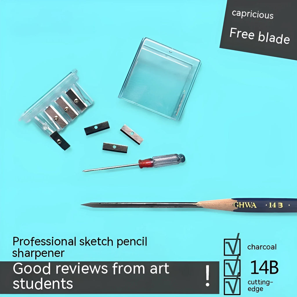Four-hole geometric plastic pencil sharpener with included screwdriver on a white background.