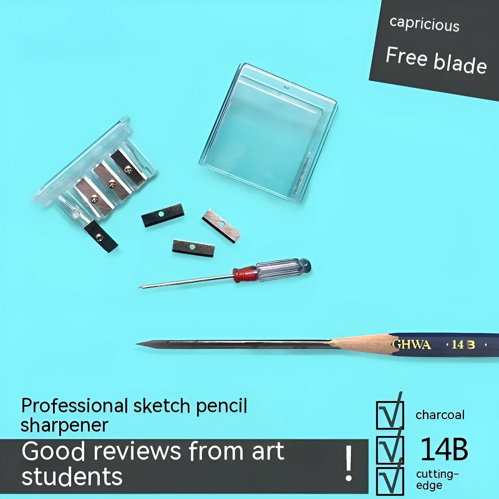 Four-hole geometric plastic pencil sharpener with included screwdriver on a white background.
