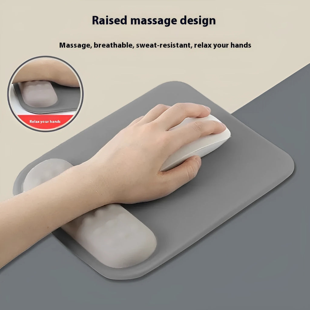 Ergonomic mouse pad with built-in wrist rest in various colour options on a desk