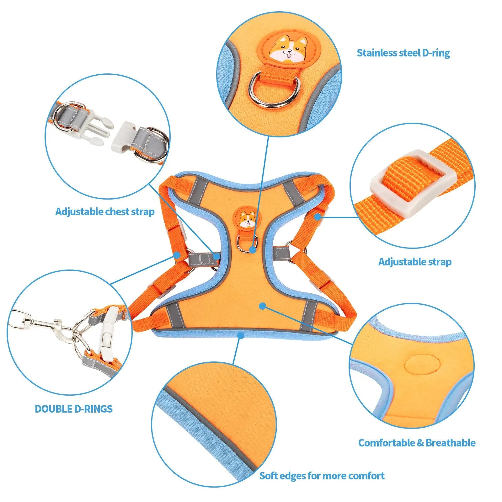 Adjustable haulage rope dog harness in six colours with chest strap and anti-breaking design