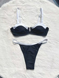 Black women's low waist bikini swimsuit with stitching split briefs design
