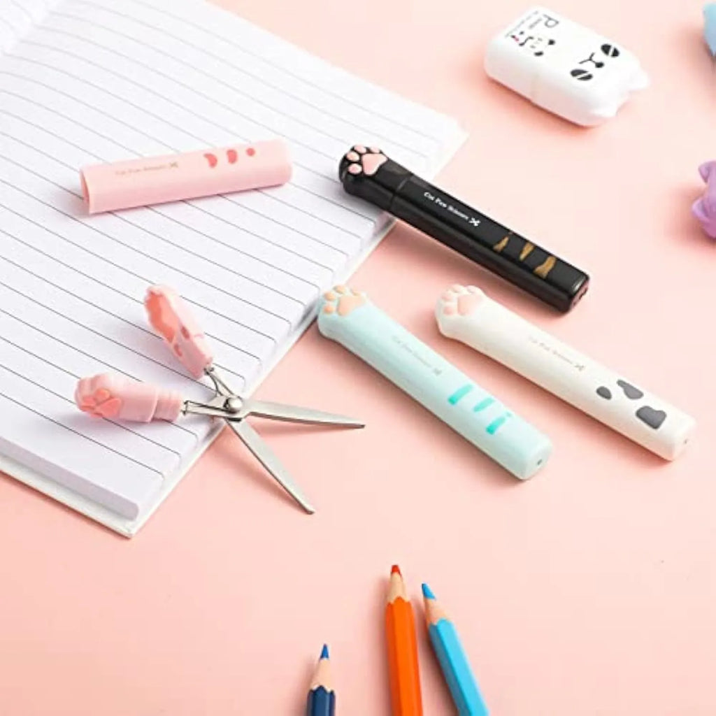 Cat paw mini folding scissors in four colours with stainless steel blades, folded to 8.7 cm length