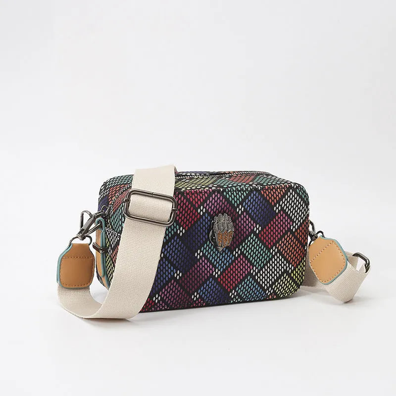 Soft PU camera bag with eagle head wide shoulder strap in blue, outer sandwich pocket, horizontal square shape