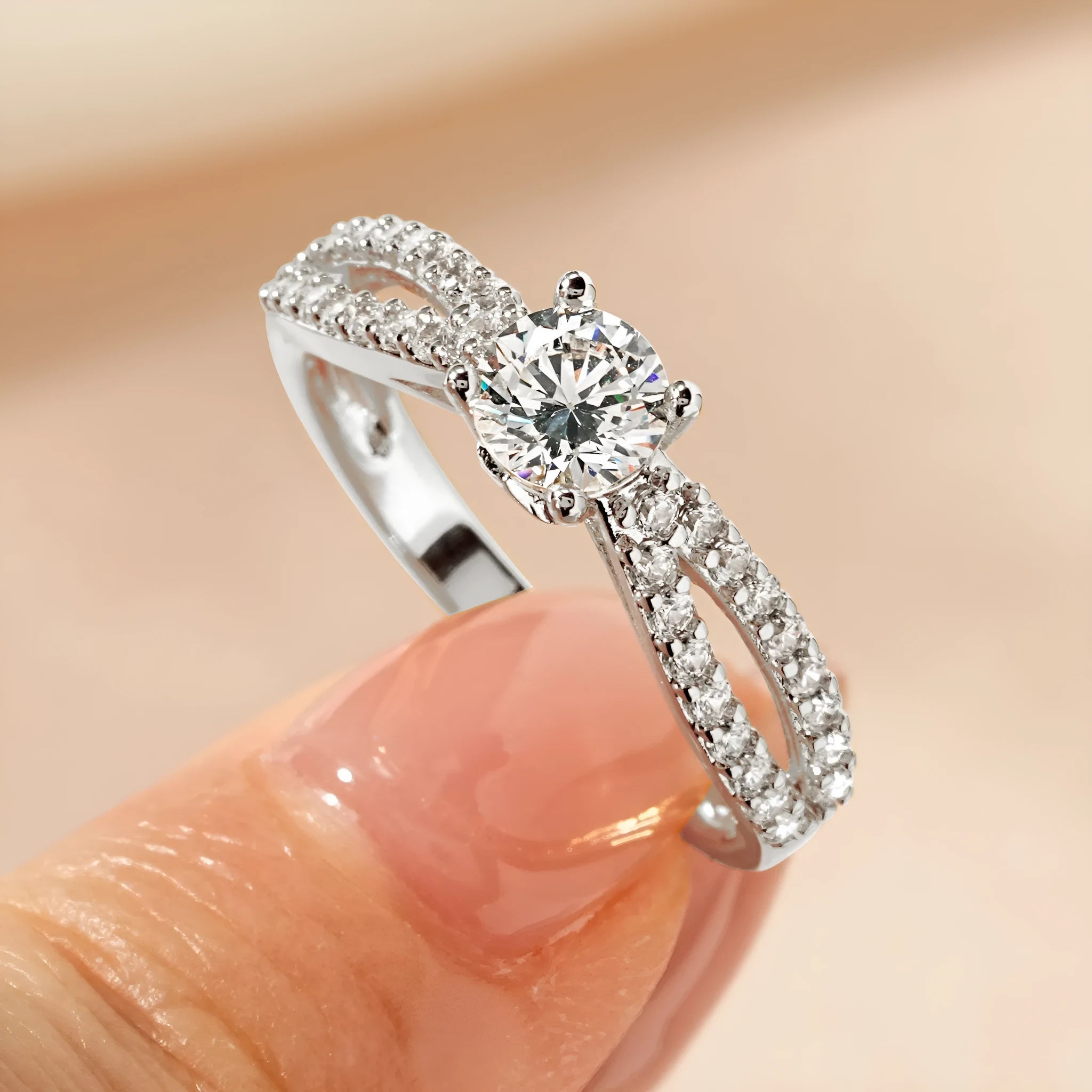 Women's electroplated copper zircon ring in heart, split-arm, or star design with K white or yellow finish.