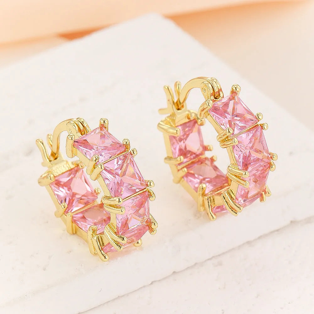Geometric U-shaped women's earrings with round zircon elements in black, white or pink options