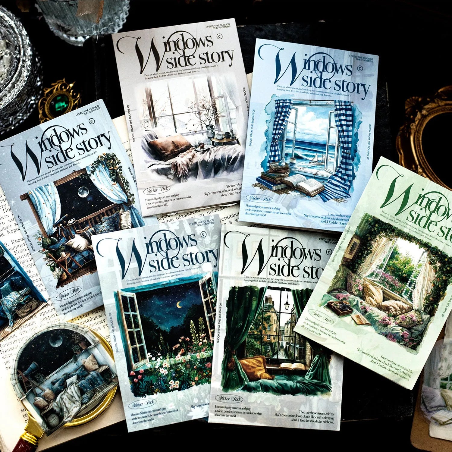 Window Story Series retro decorative journal stickers set showing six printed design colourways.