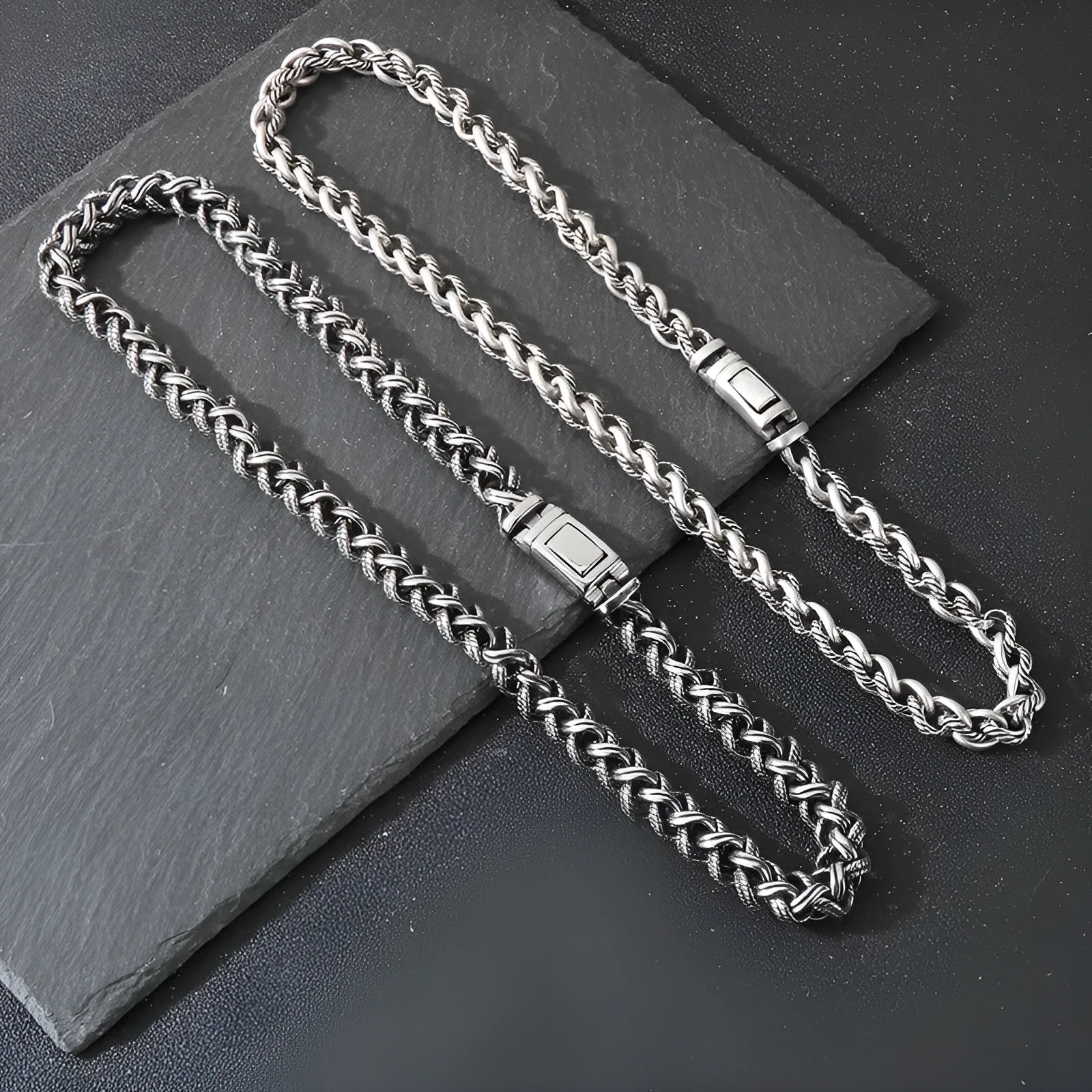Men's titanium steel keel chain necklace showing vintage design with large hemp flower elements in antique silver finish
