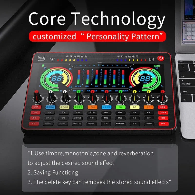 G4 professional sound card set with mixer, large diaphragm microphone, remote control, and audio cables on a desk.