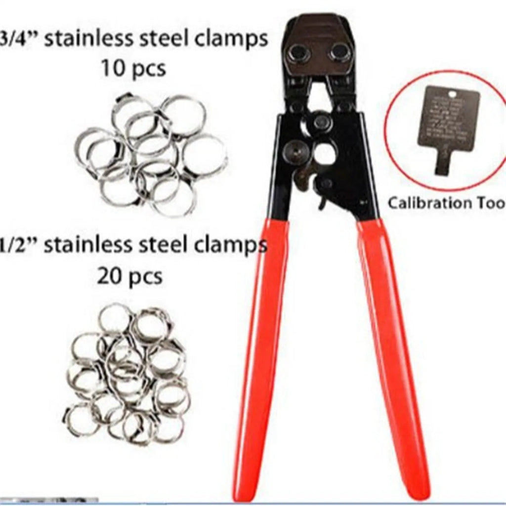 Red cloth single-ear PEX clamp made of metal with a carbon steel cutting edge.