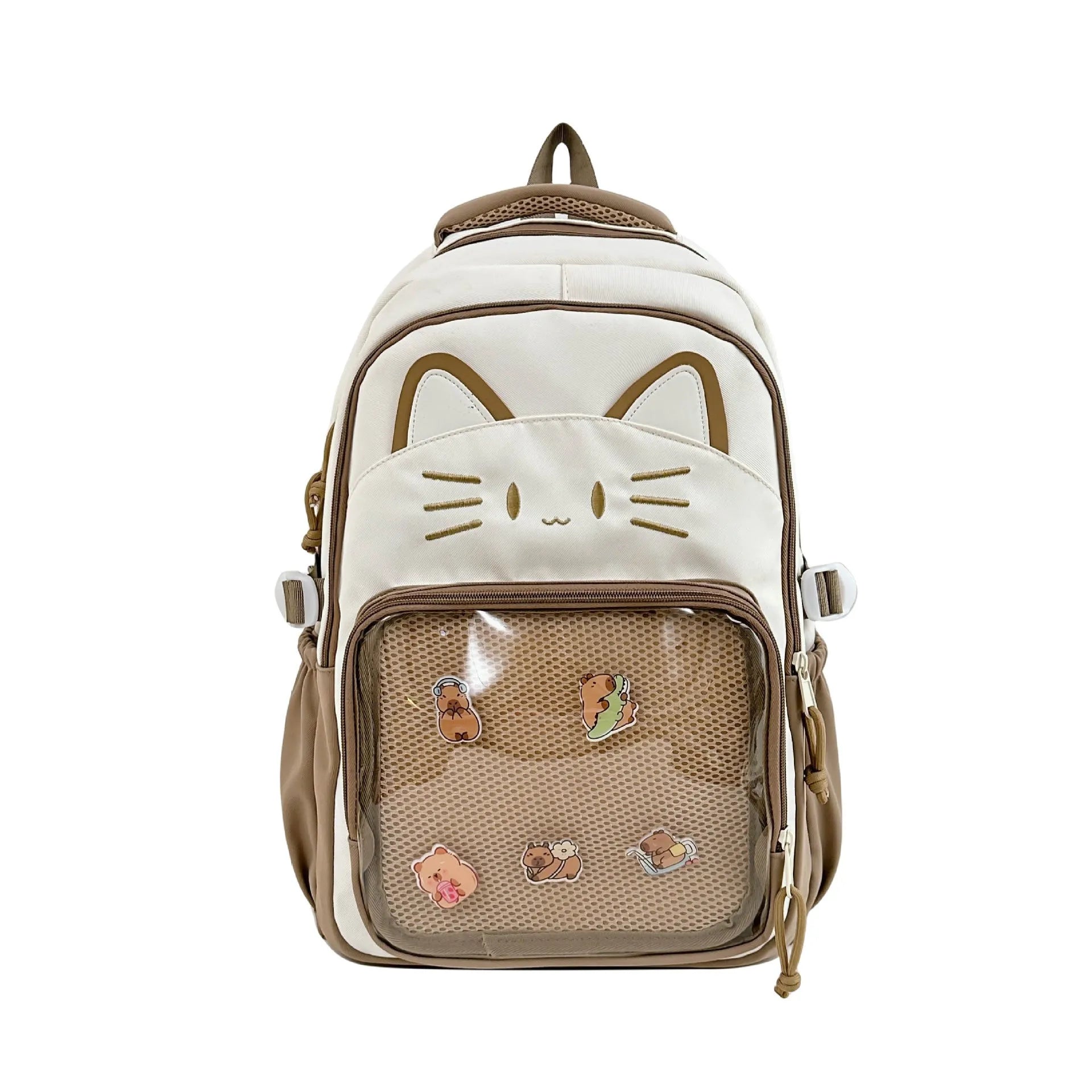Korean cartoon pattern large backpack in multiple colours with curved straps and badge pendant option.