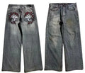Men's grey washed-out straight-leg jeans with a wide-leg casual workwear design.