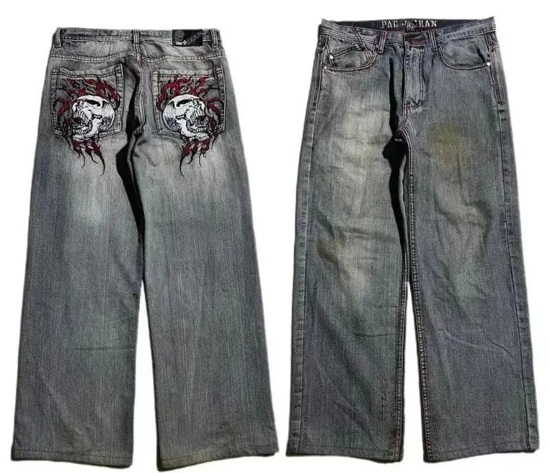 Men's grey washed-out straight-leg jeans with a wide-leg casual workwear design.