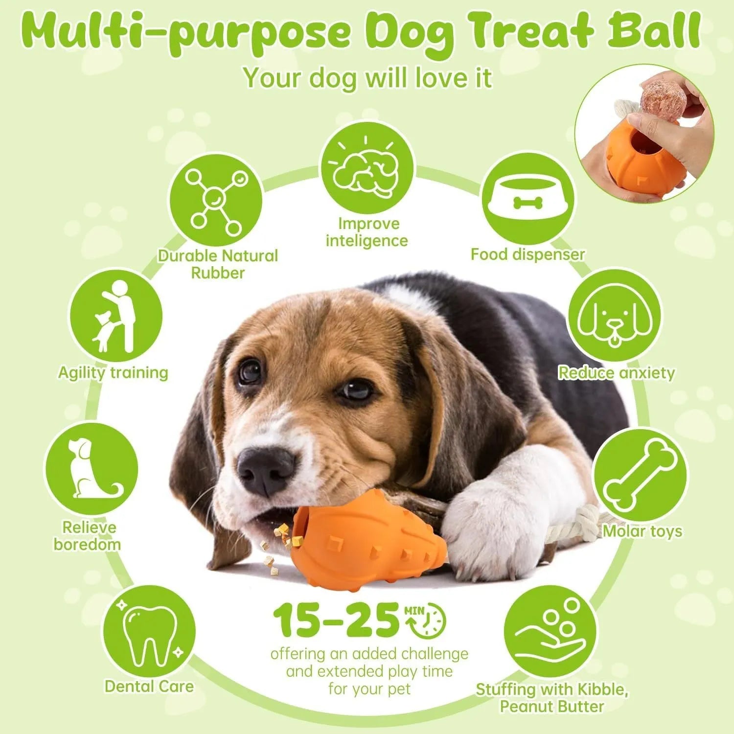 30cm long natural rubber dog toy with hollow treat-dispensing interior and longer tugging strap