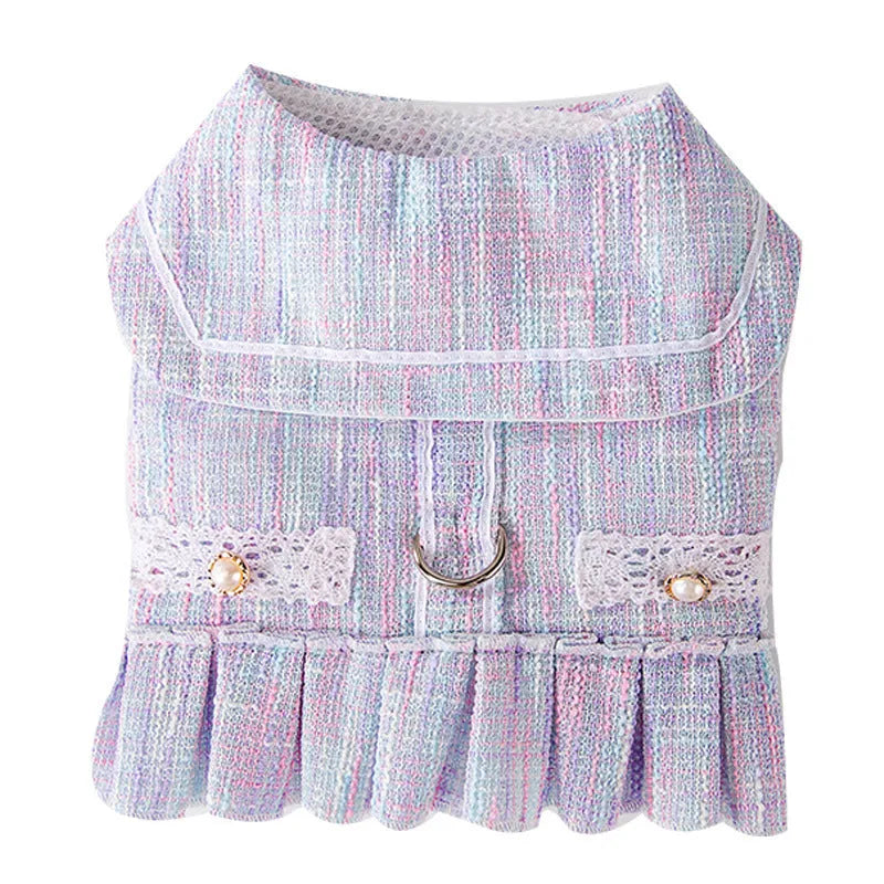 Polyester pet clothes for cats and small dogs in purple and pink colours showing four size options