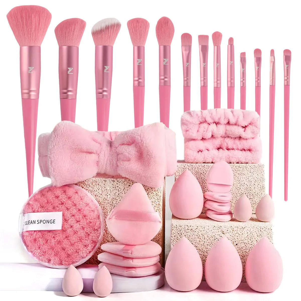Beauty tools combination set with hydrophilic non-latex sponges in brown, pink and purple colour options