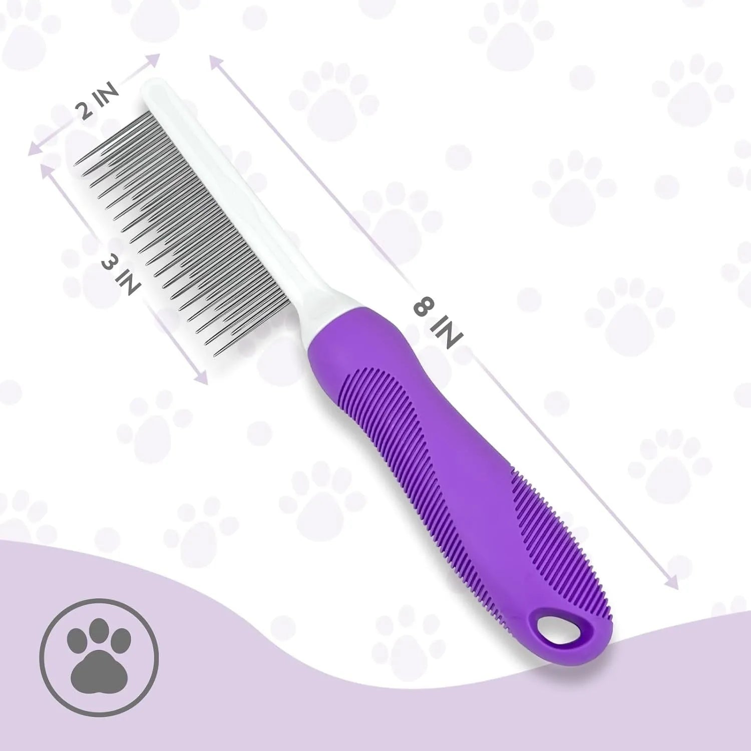 Purple pet detangling comb with stainless steel teeth and ergonomic handle for dog and cat grooming