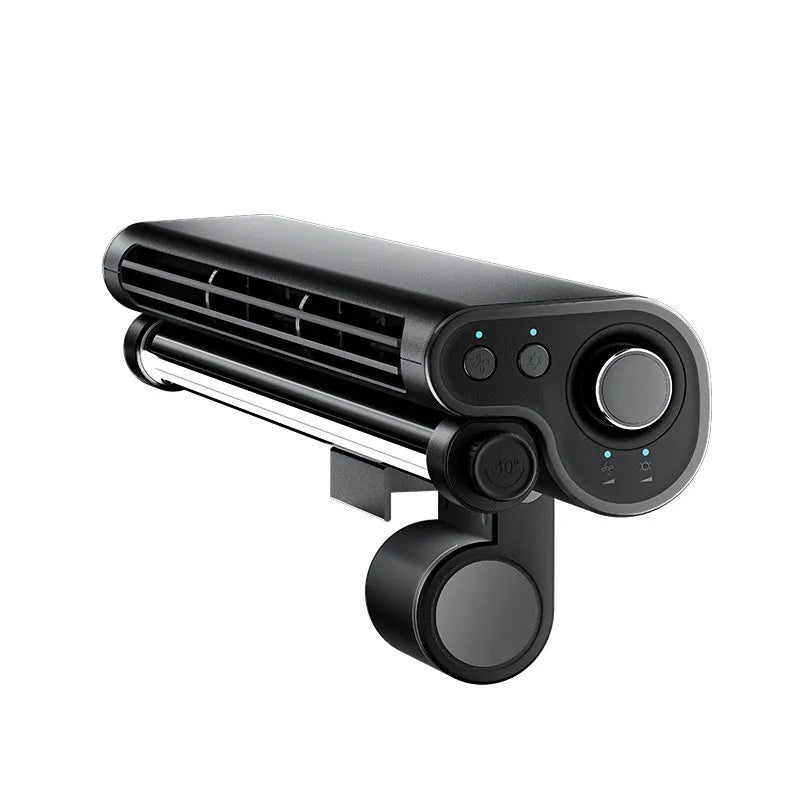 Black USB-powered bladeless clip-on laptop fan with integrated lighting lamp attached to computer screen