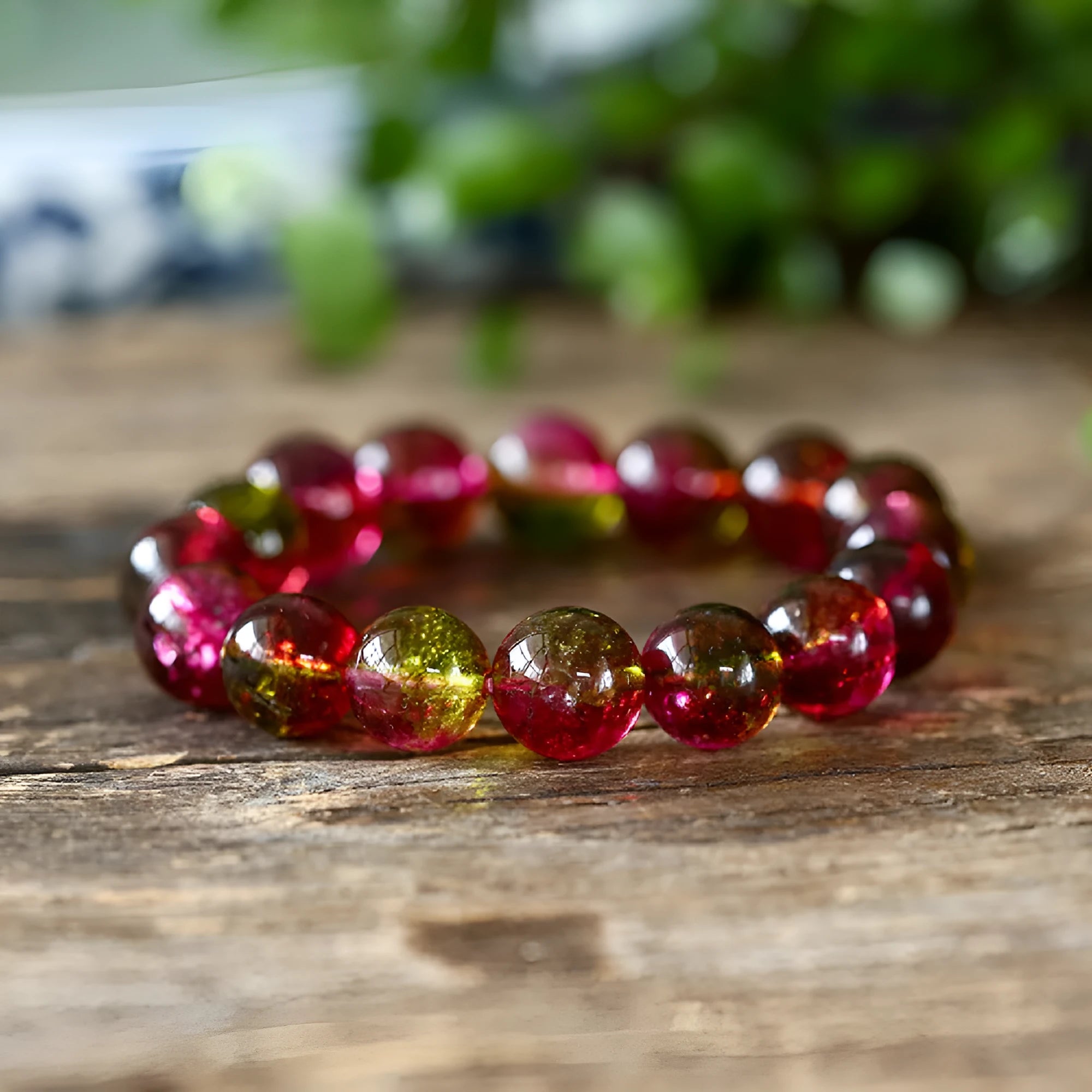 Handmade women's bracelet with red and green watermelon crystal beads on a string.