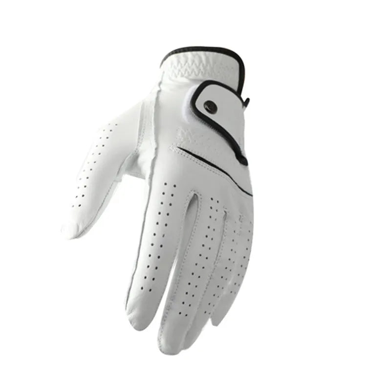 White half sheepskin golf glove for men showing non-slip palm detail
