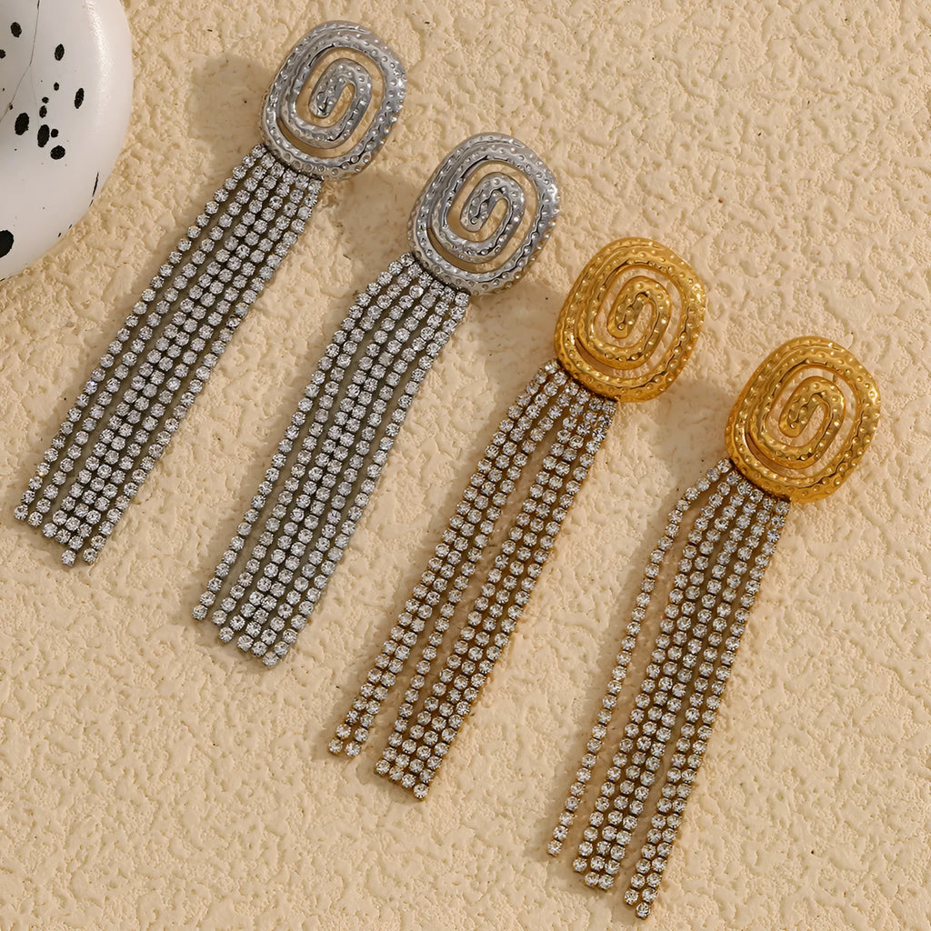 Full rhinestone tassel stud earrings in gold colour made from stainless steel with electroplated finish
