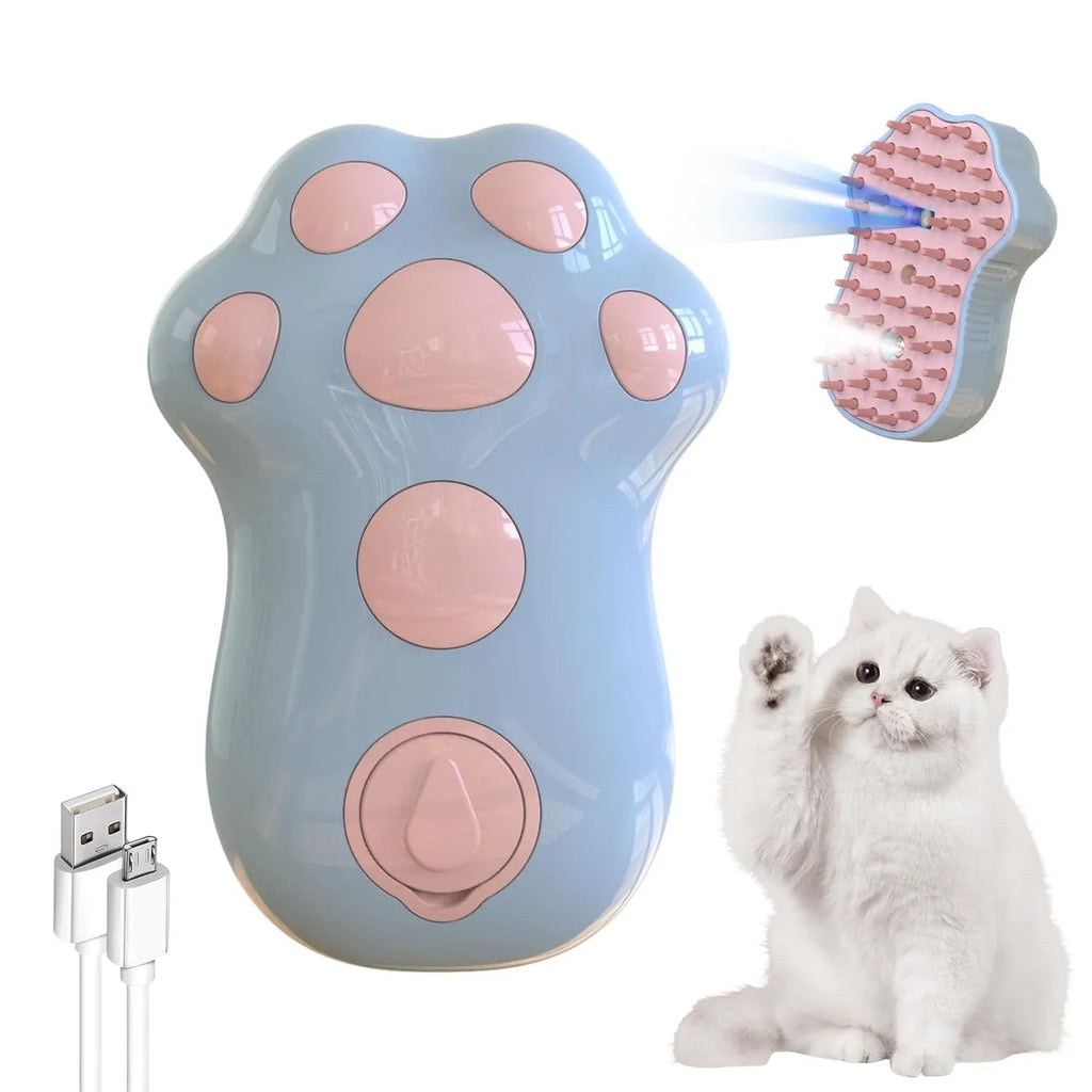 Self-cleaning cat steam brush with silicone bristles and release button in blue, green, or pink colours