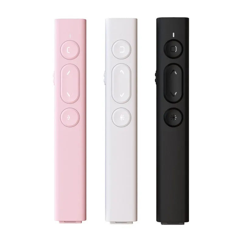 A whiteboard remote control pen in black, showing buttons for presentation control and a pen tip.