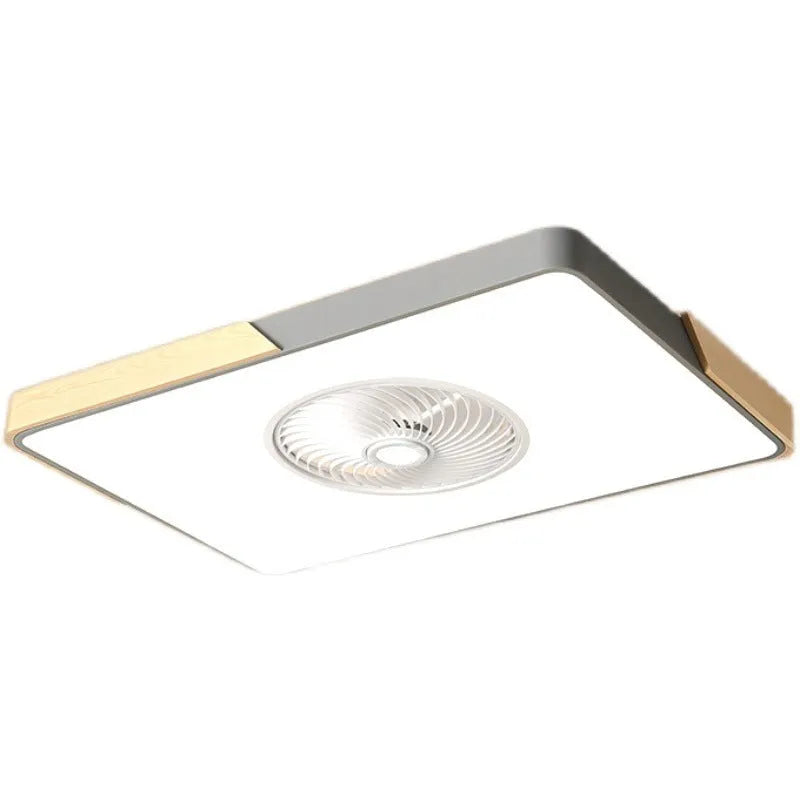 Nordic style ceiling fan with light fixture showing solid wood blades and PVC lampshade in rectangular configuration