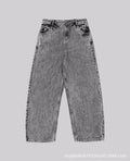 Grey loose straight-leg cotton denim trousers on mid-waist
