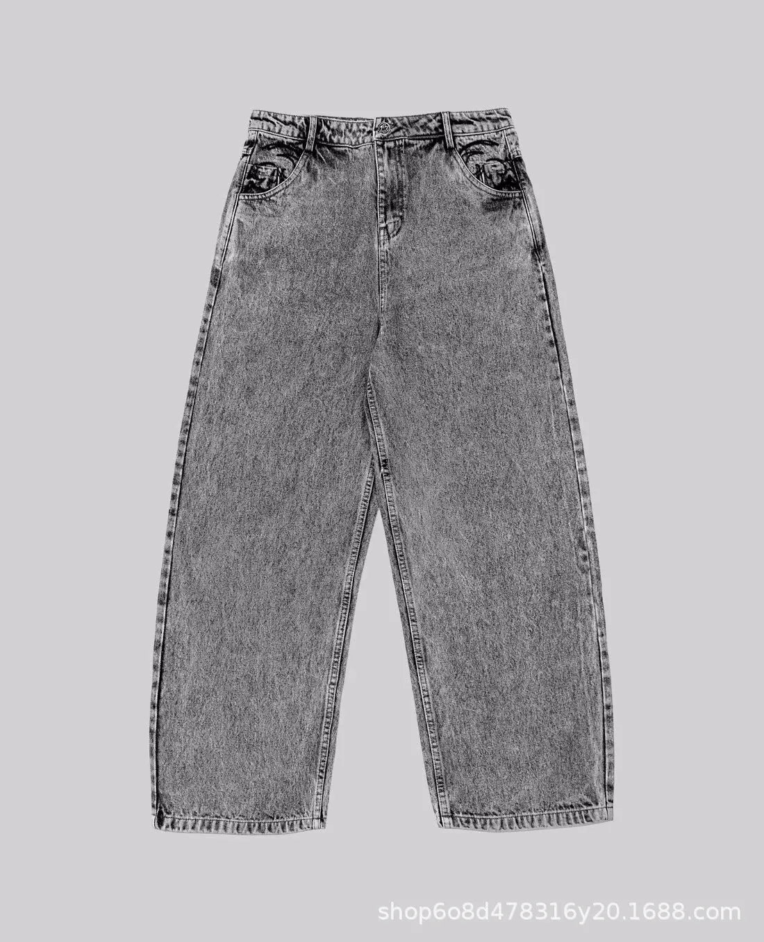 Grey loose straight-leg cotton denim trousers on mid-waist