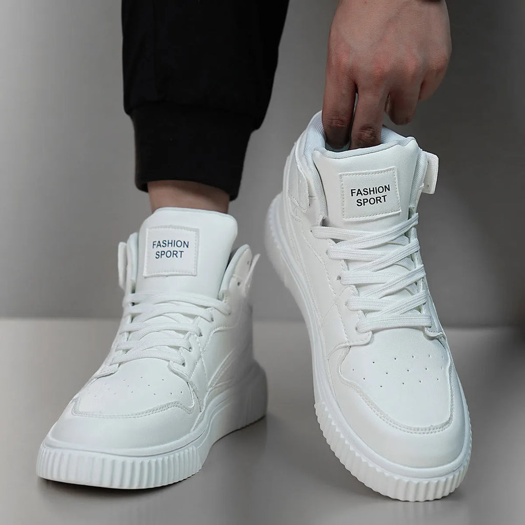 Men's white microfiber casual shoes with round toe for autumn and winter leisure wear