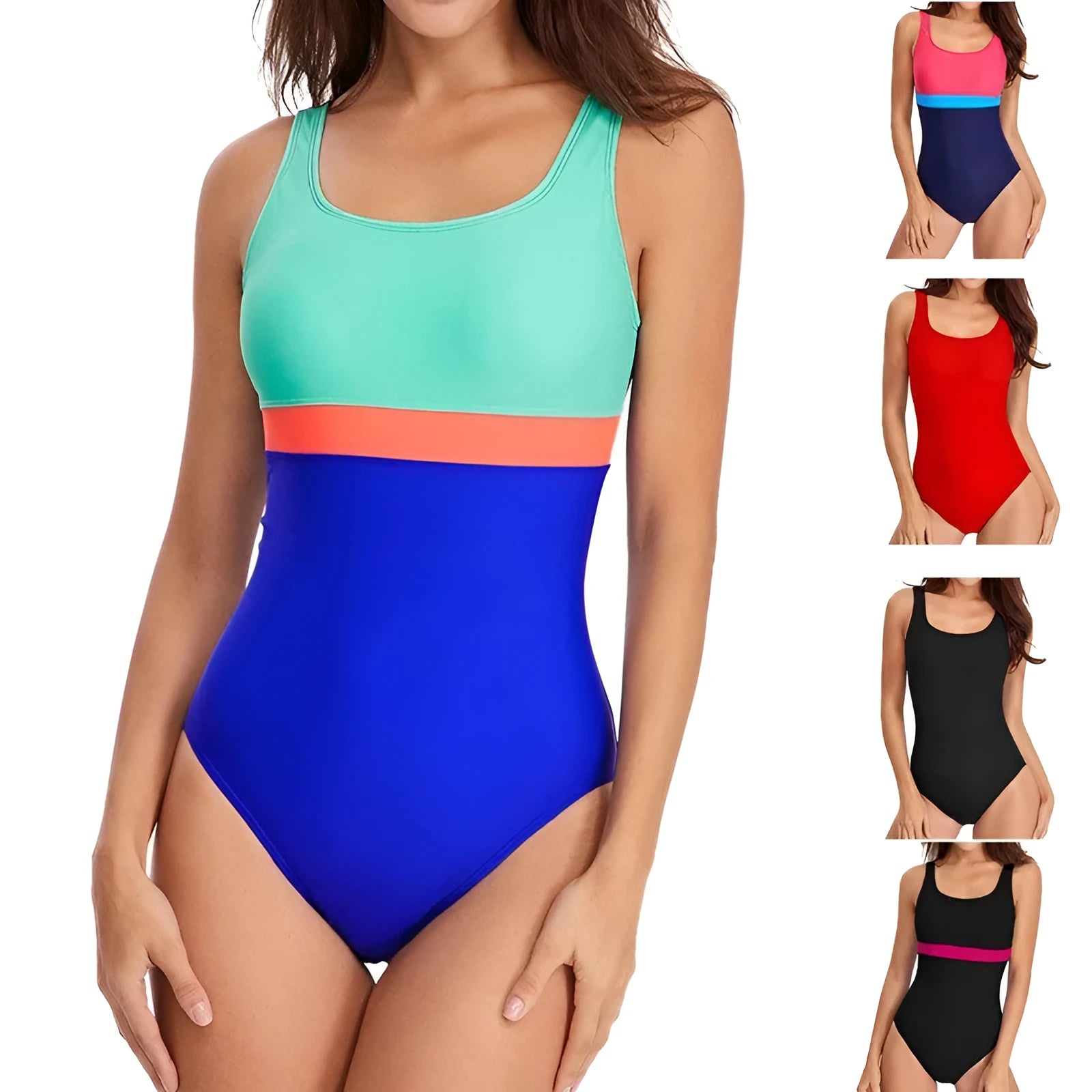Women's one-piece swimsuit with stitching contrast in blue green, showing full front view on a model