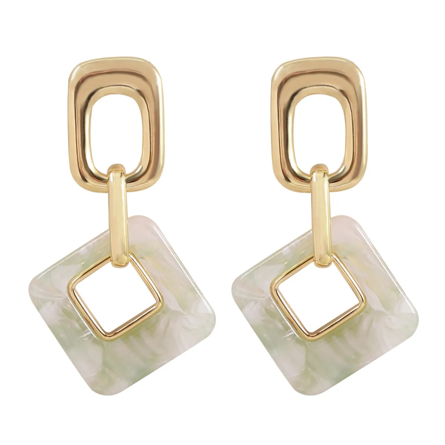 Pair of hollow geometric square copper earrings with chamfered corners in silver tone finish.