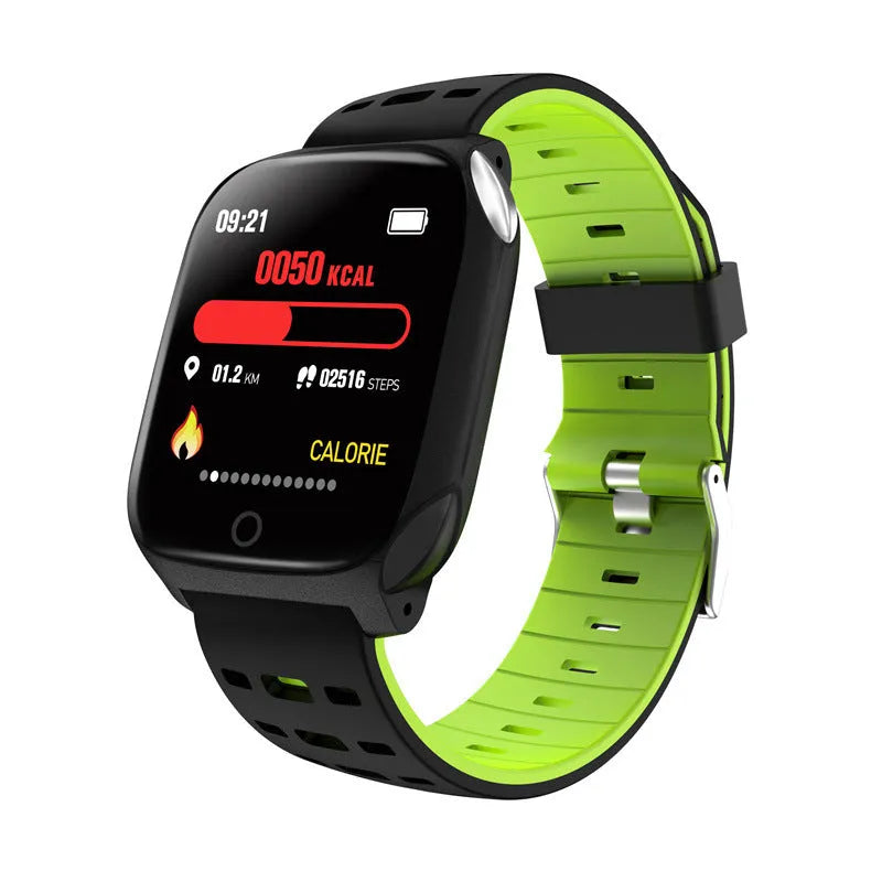 F16 Smart Watch with ECG monitoring on wrist in black/green colour combination