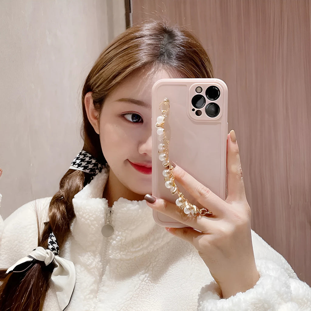 Silicone phone case with rhinestone pearl bracelet for iPhone Pro Max in pink and white options