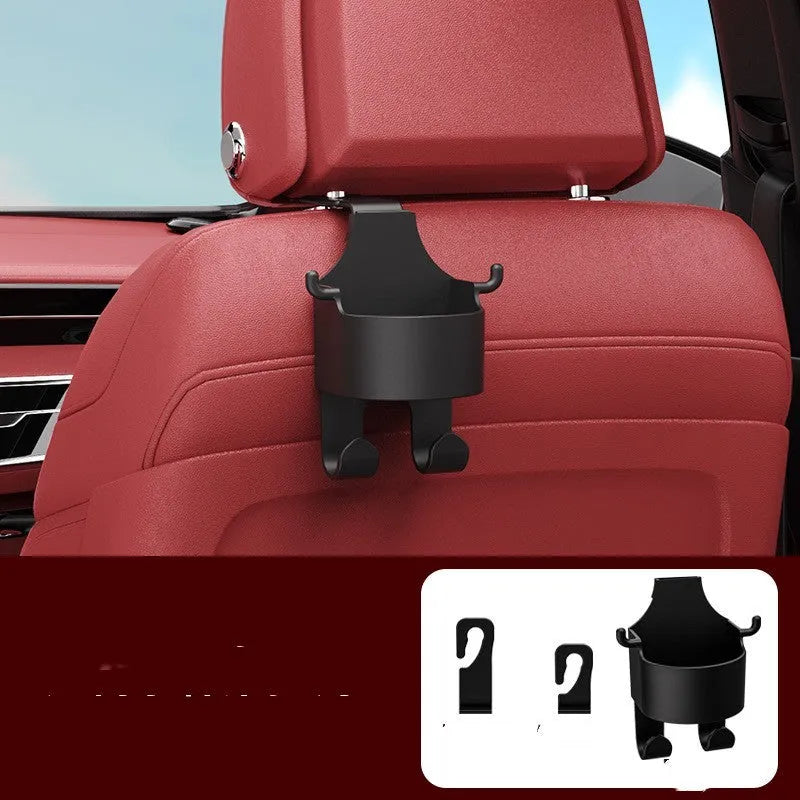 Black plastic car hook seat back organiser with cup holder and hooks for vehicle storage