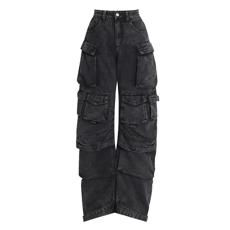 Women's high waist wide leg trousers with multi-pocket street hipster design in tie-dyed blue denim