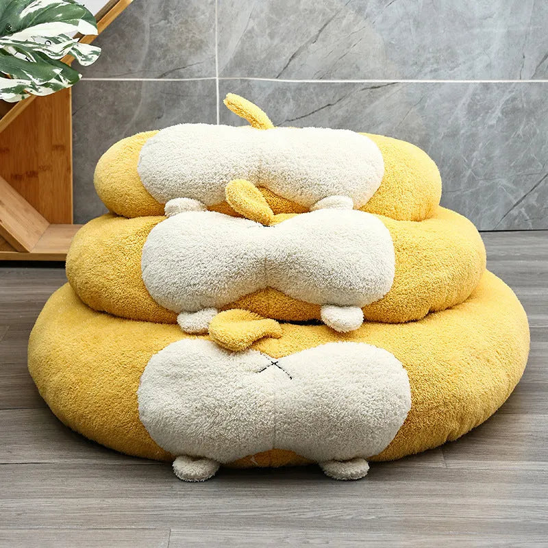 Corgi shaped plush pet bed for dogs and cats in three size options