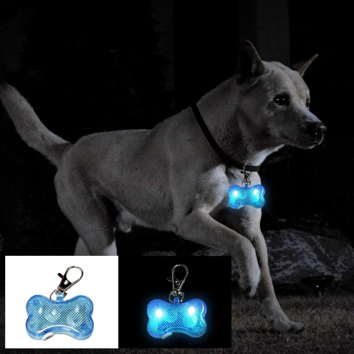 Bone-shaped LED luminous pendant for pet collars in multiple colours showing three light modes.